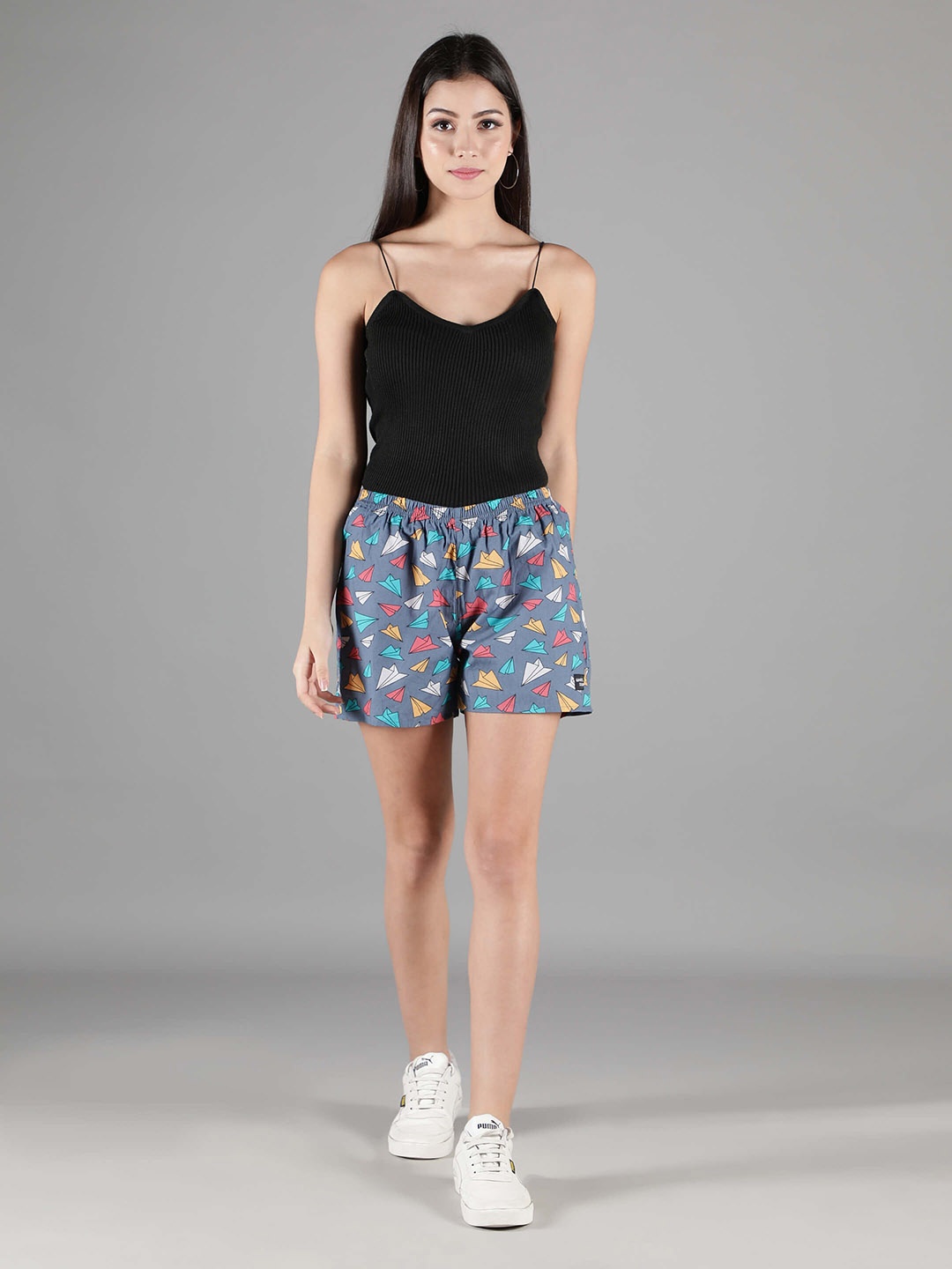 

wHAT'S DOwn Women Grey & Blue Printed Lounge Shorts
