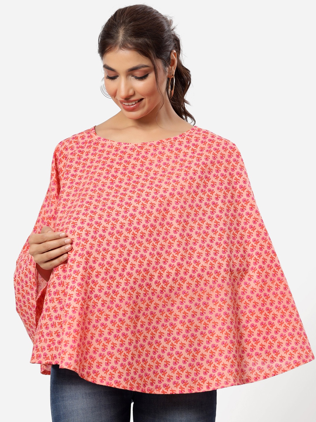 

CRAFIQA Women Peach Floral Printed Poncho Nursing Cover