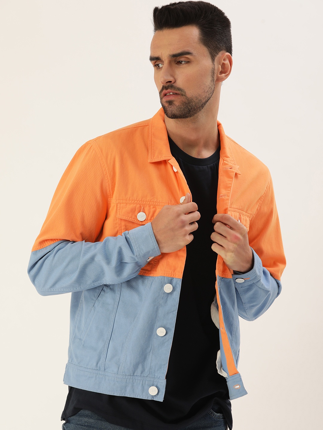 

Bene Kleed Men Orange & Blue Colourblocked Antimicrobial Open Front Jacket
