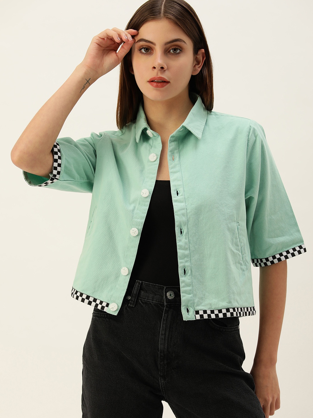

Bene Kleed Geometric Lightweight Antimicrobial Crop Tailored Jacket, Sea green