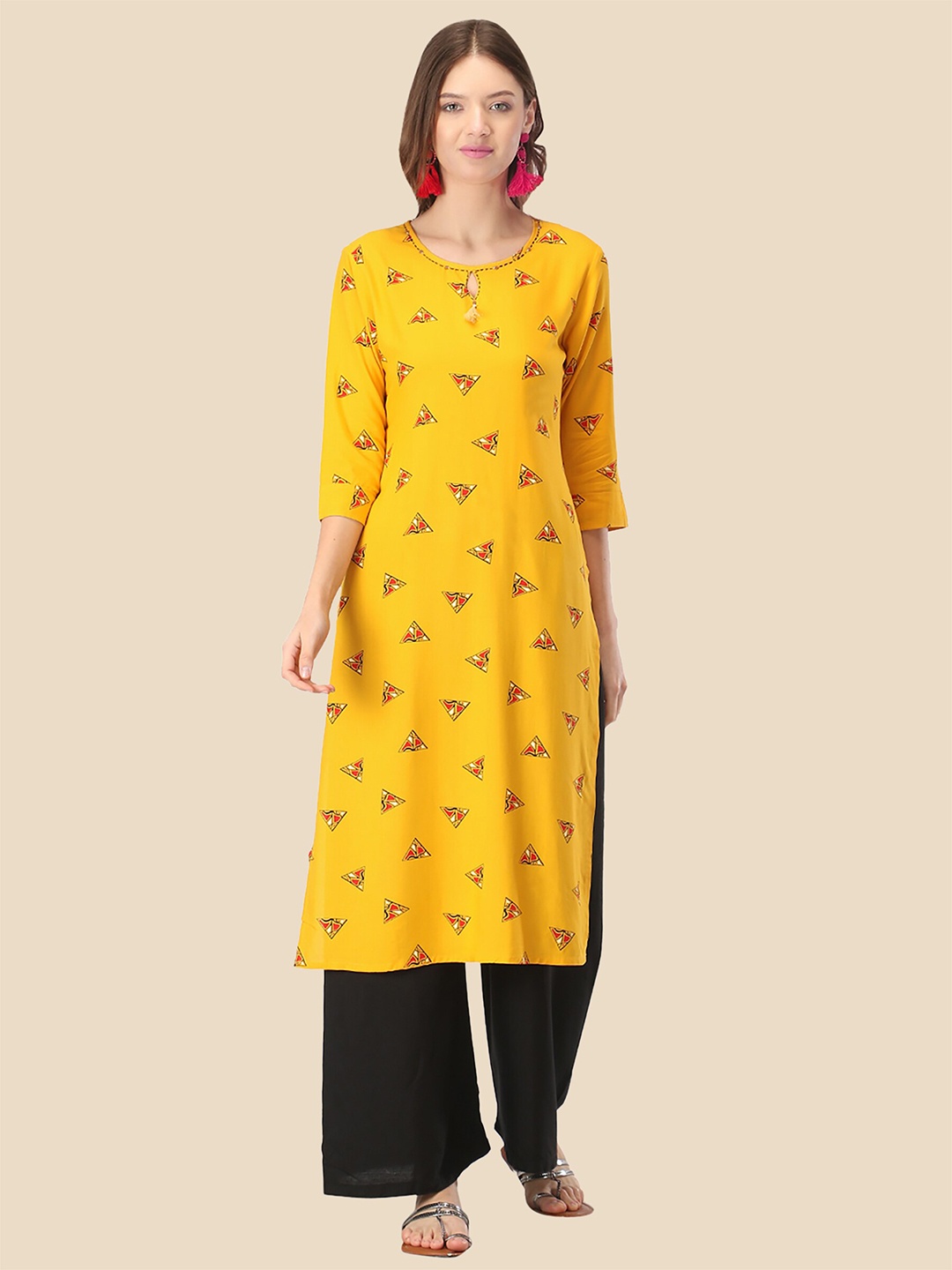 

FEMMIBELLA Women Yellow Geometric Printed Keyhole Neck Kurta