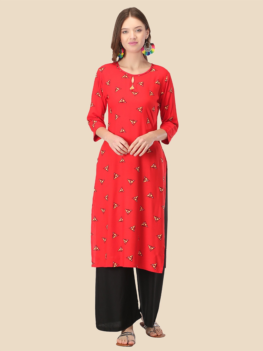 

FEMMIBELLA Women Red & Yellow Geometric Printed Keyhole Neck Kurta