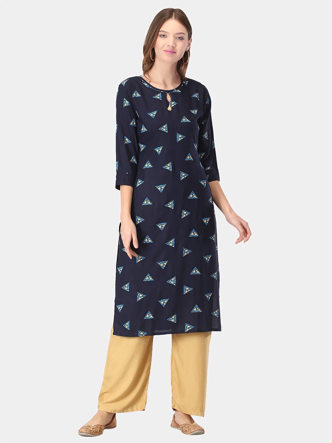 

FEMMIBELLA Women Navy Blue & Beige Geometric Printed Keyhole Neck Straight Kurta