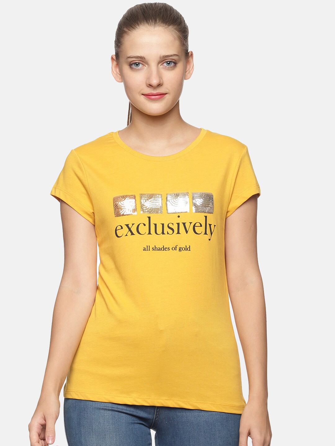 

DAiSY Women Mustard Yellow Typography Printed Applique T-shirt