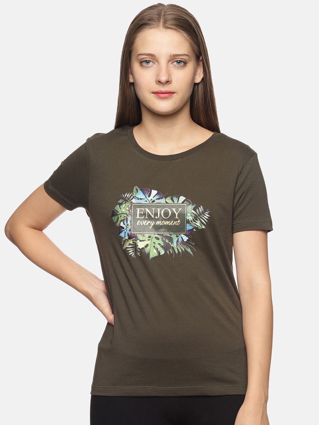 

DAiSY Women Olive Green Typography Printed T-shirt
