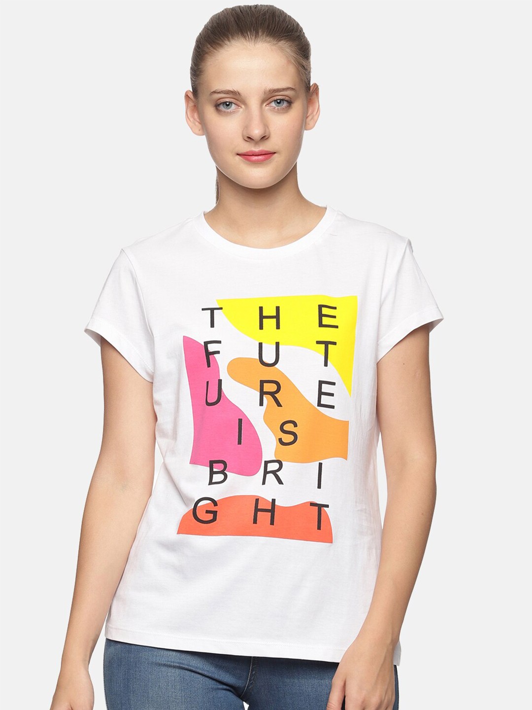 

DAiSY Women White Typography Printed Cotton T-shirt