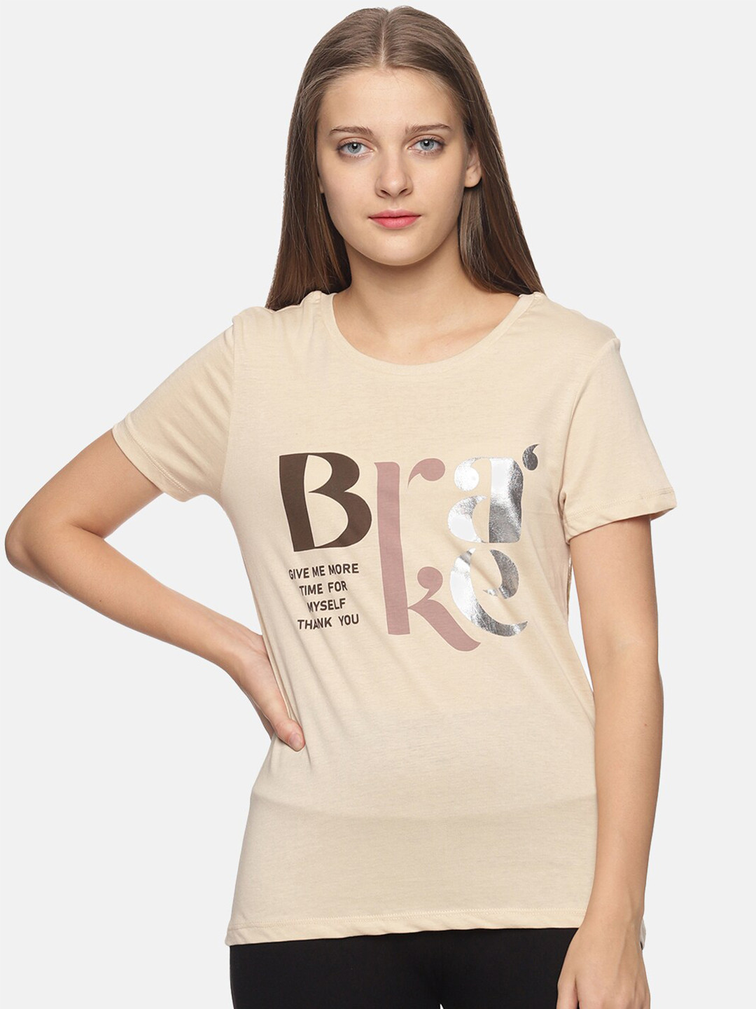

DAiSY Women Beige Typography Printed T-shirt