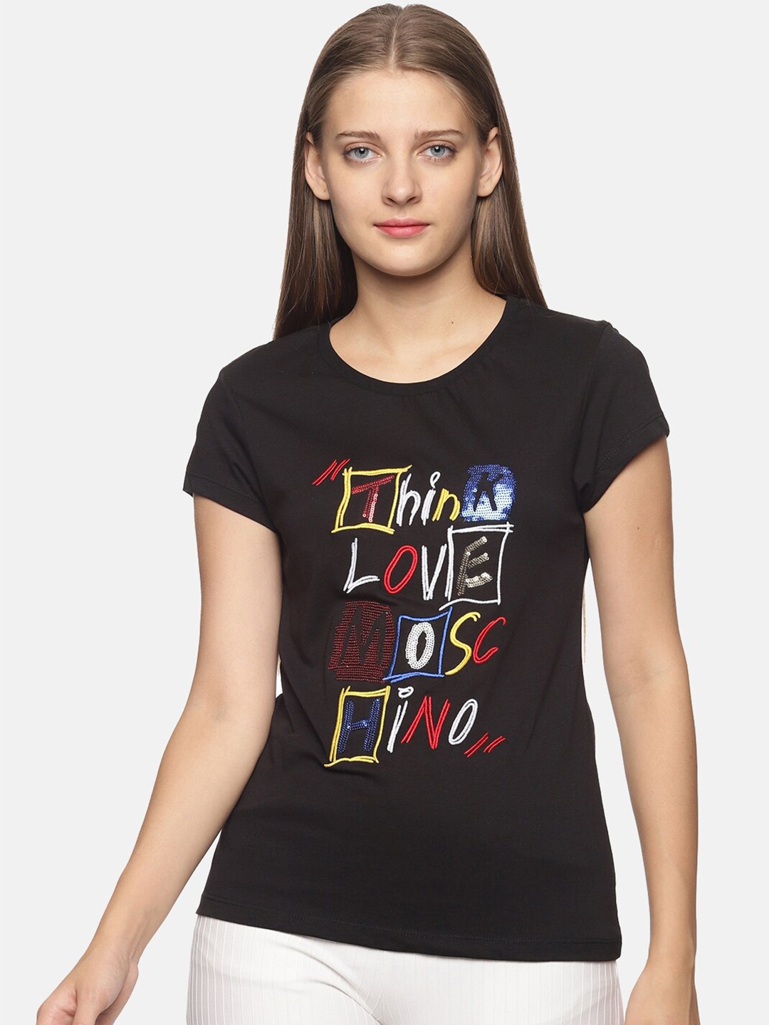 

DAiSY Women Black Typography Printed Cotton T-shirt