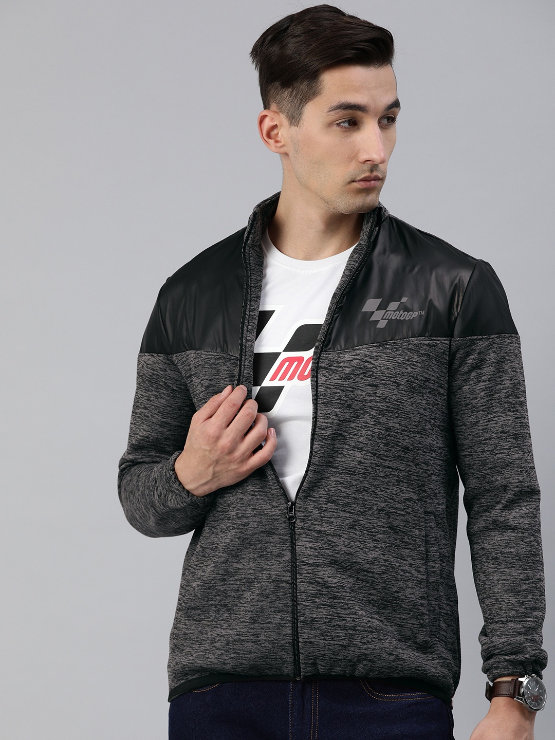 

MotoGP Men Grey Melange & Black Solid Fan Jacket