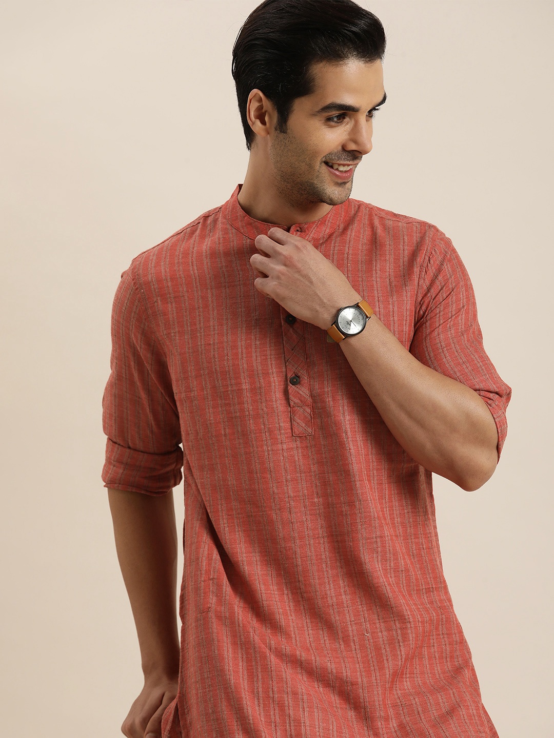 

Taavi Men Red Woven Legacy Striped Kurta with Side Pocket