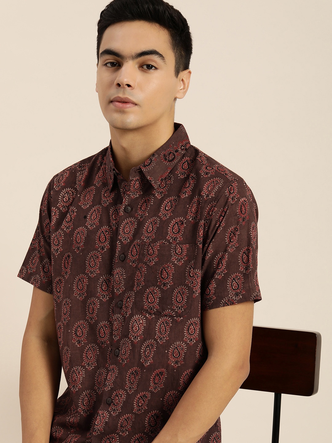 

Taavi Men Ajrakh Printed Pure Cotton Casual Shirt, Brown