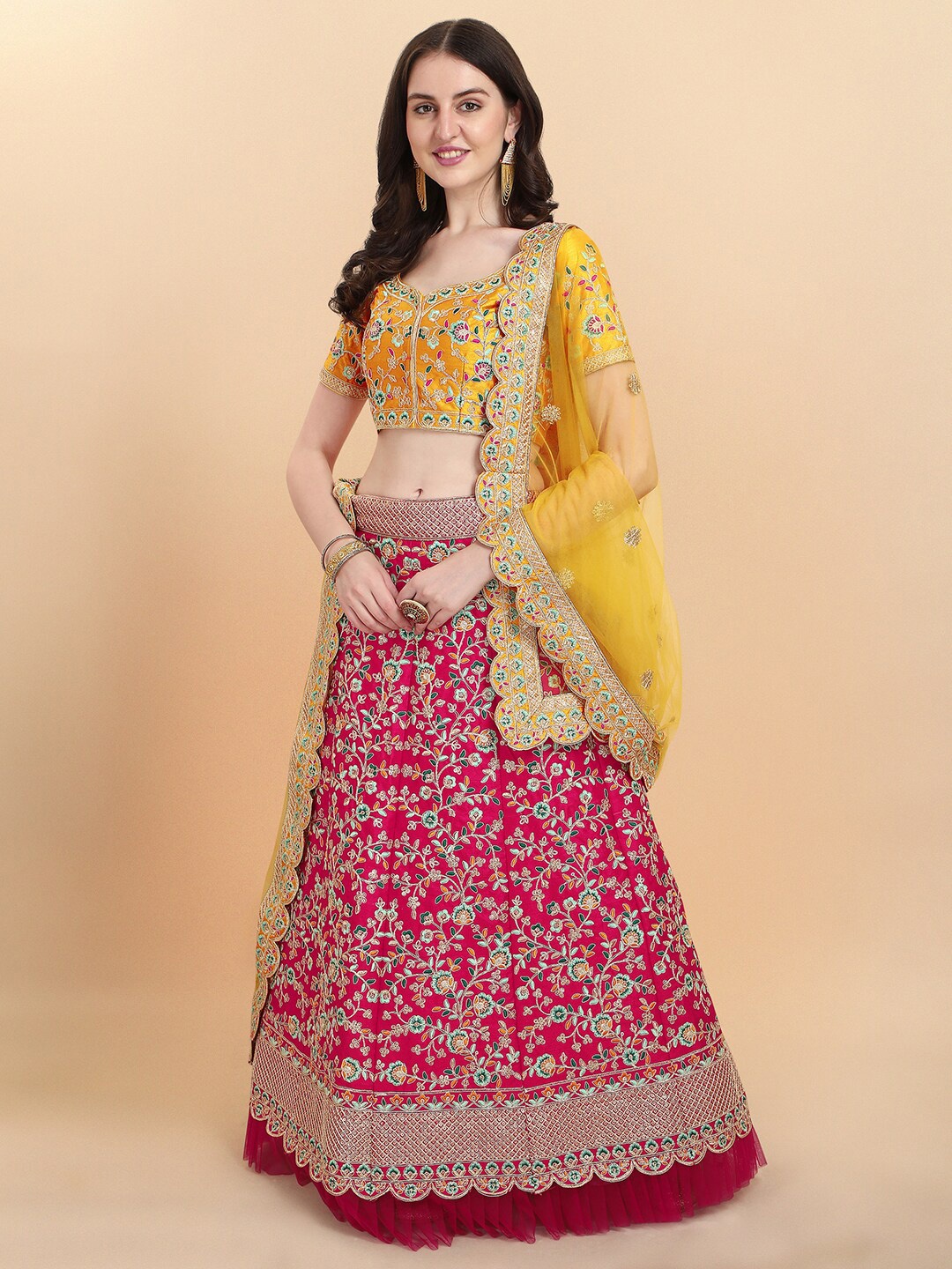 

Amrutam Fab Pink & Yellow Embroidered Thread Work Semi-Stitched Lehenga & Unstitched Blouse With Dupatta