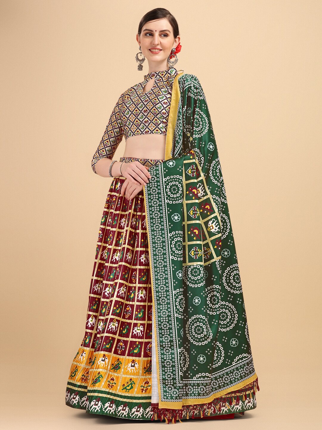 

Amrutam Fab Maroon & Yellow Printed Semi-Stitched Lehenga & Unstitched Blouse With Dupatta
