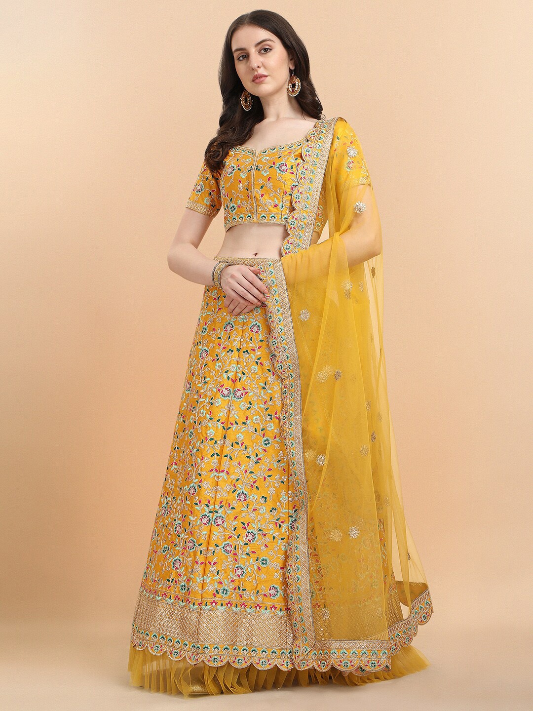 

Amrutam Fab Yellow & Blue Embroidered Thread Work Semi-Stitched Lehenga & Unstitched Blouse With Dupatta