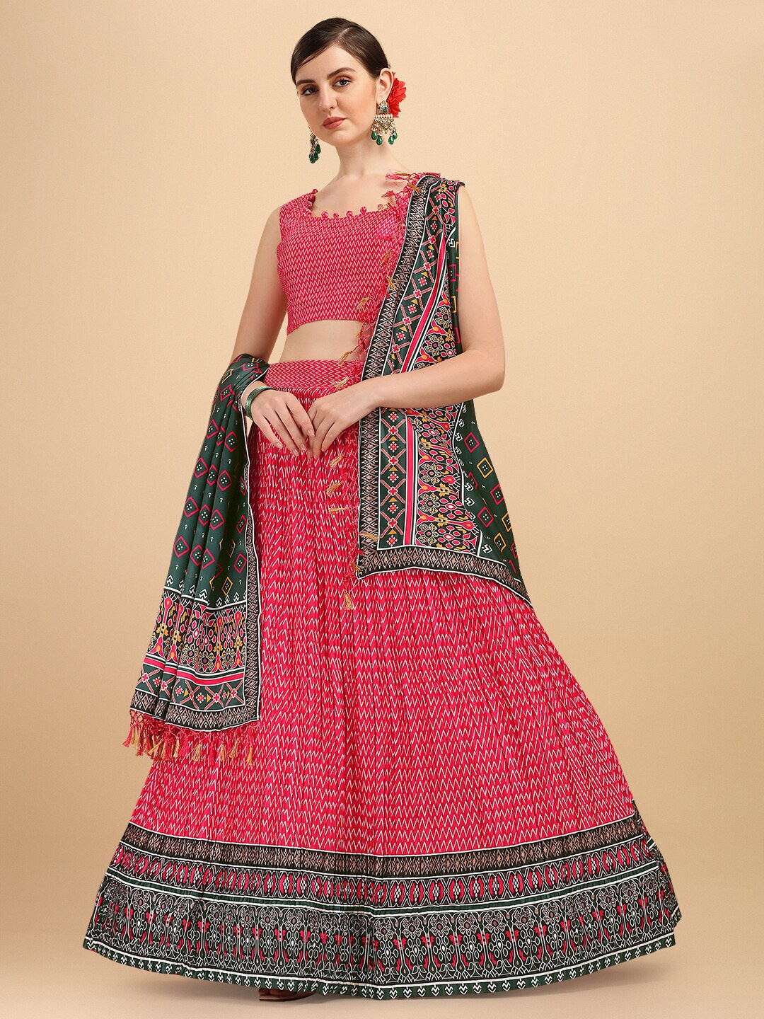 

Amrutam Fab Pink & Green Printed Semi-Stitched Lehenga & Unstitched Blouse With Dupatta