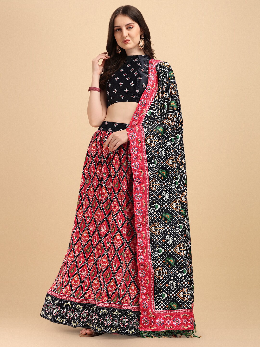 

Amrutam Fab Pink & Black Printed Semi-Stitched Lehenga & Unstitched Blouse With Dupatta