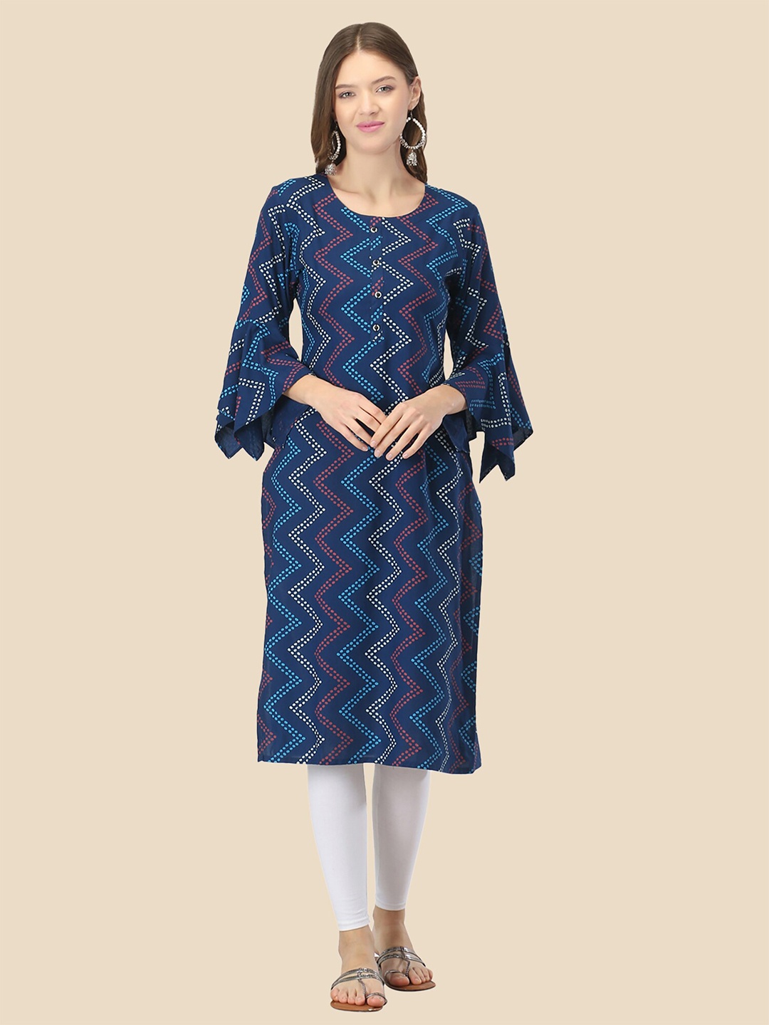 

FEMMIBELLA Women Blue & White Geometric Printed Flared Sleeves Kurta