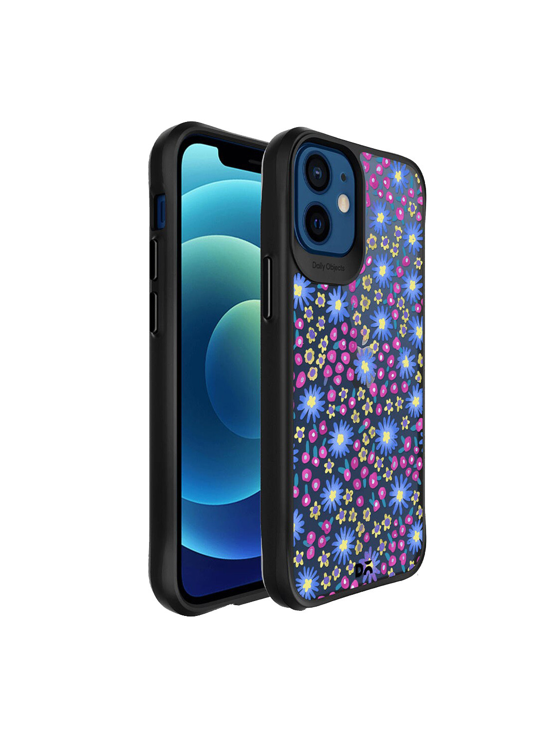 

DailyObjects Transparent & Blue Printed Glittering Daisy Black Hybrid Clear iPhone 12 Phone Back Case