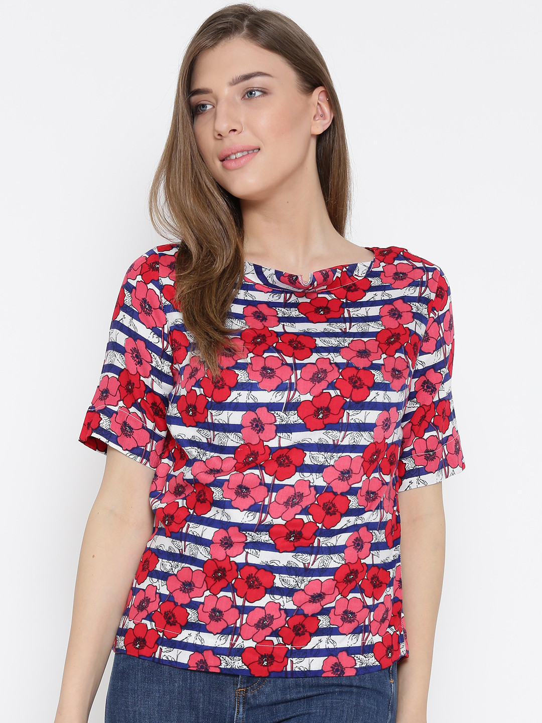 

Wills Lifestyle Women Pink & Blue Printed Top