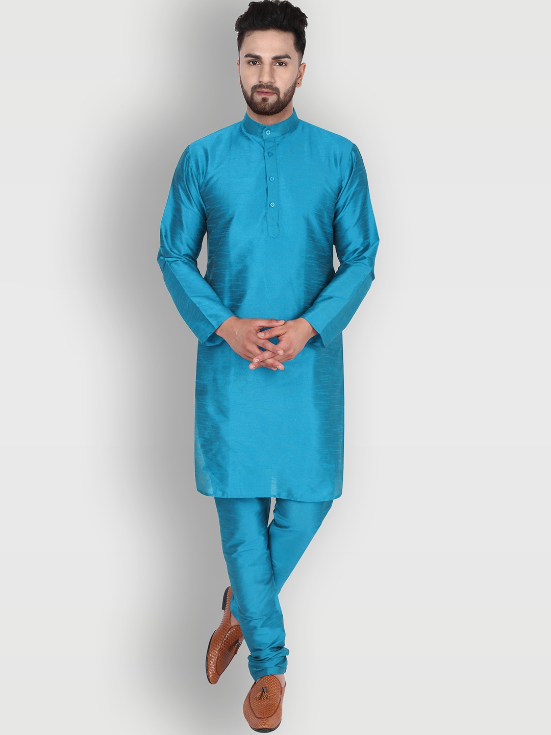 

Enciger Men Turquoise Blue Thread Work Dupion Silk Kurta with Churidar