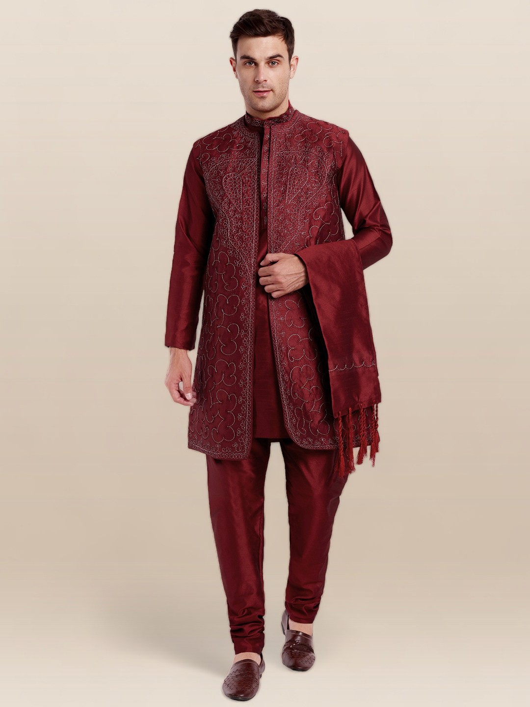 

Enciger Men Red Thread Work Dupion Silk Kurta with Trousers With Dupatta