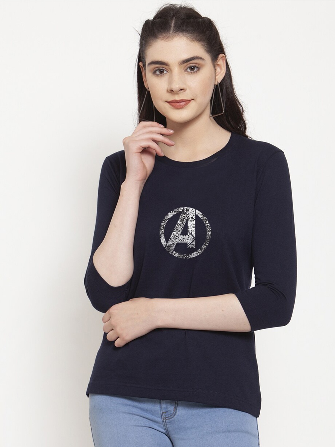 

Friskers Women Navy Blue Solid Full Sleeve Tshirt