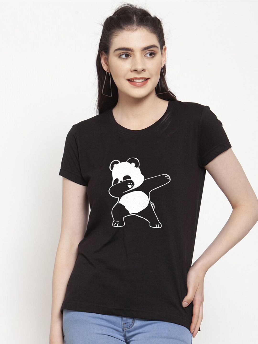 

Friskers Women Black Panda Printed T-shirt