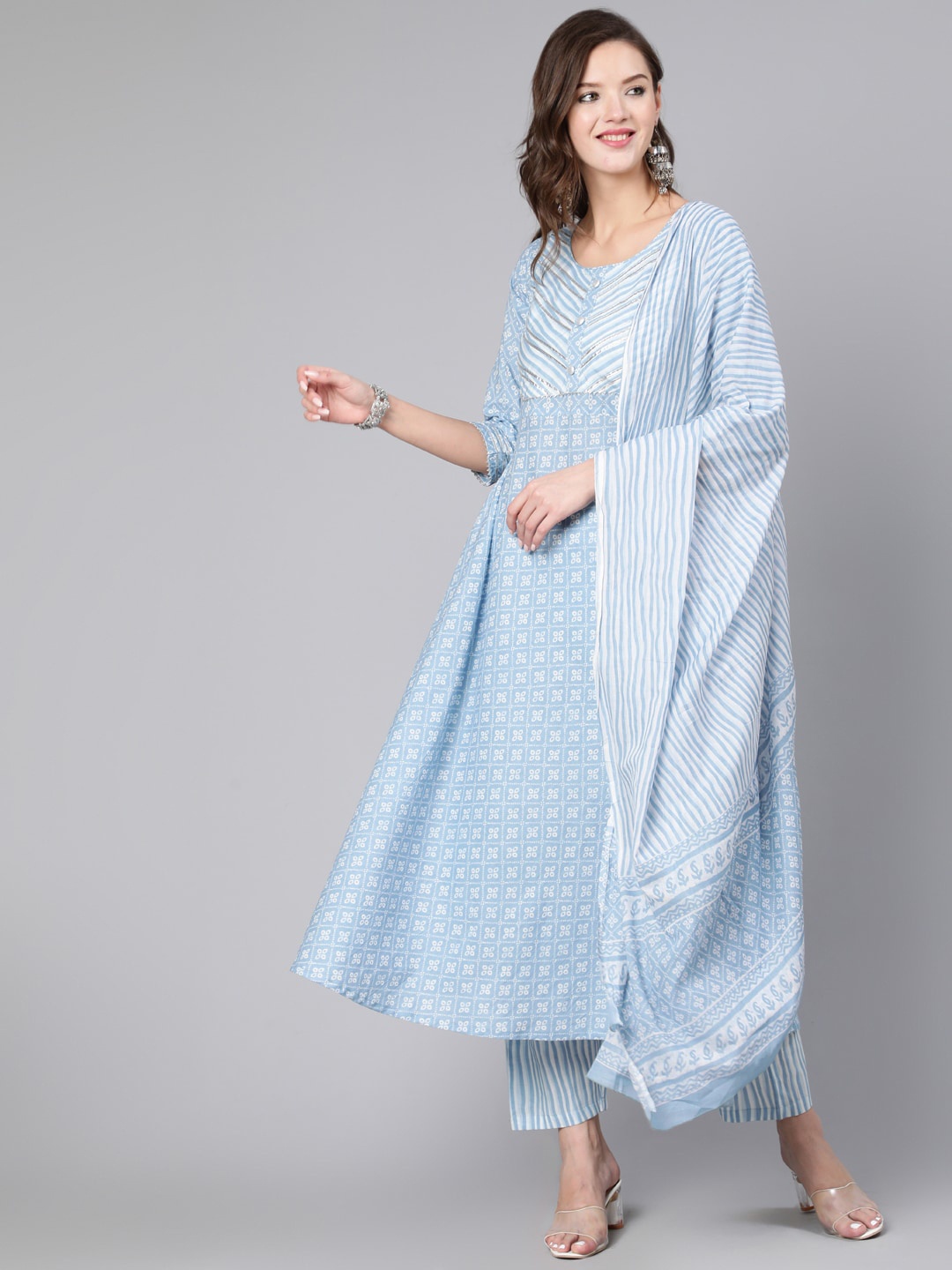 

THE NKS PLUS Women Blue Printed Pure Cotton Kurta with Trousers & With Dupatta