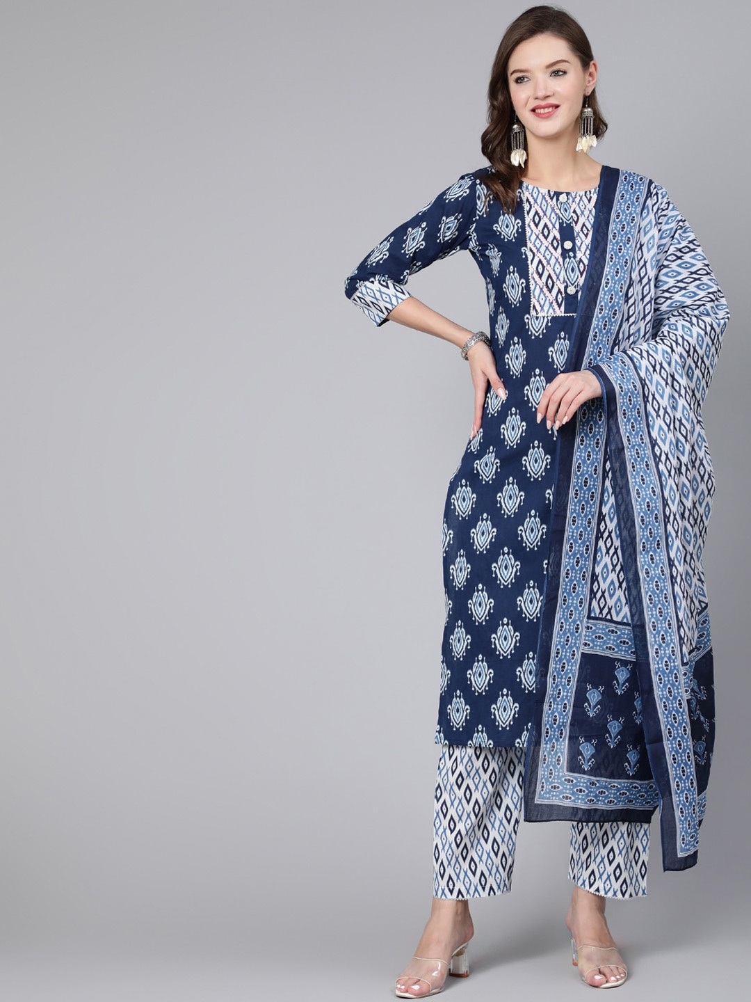 

THE NKS PLUS Women Navy Blue Ethnic Motifs Printed Cotton Kurta set & With Dupatta