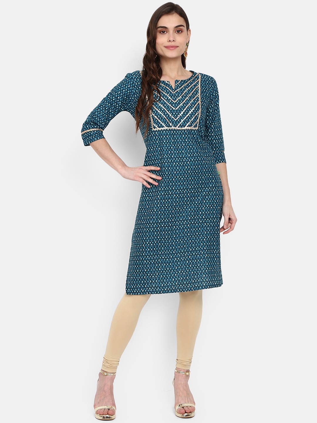 

V-Mart Women Blue & Grey Keyhole Neck Thread Work Kurta