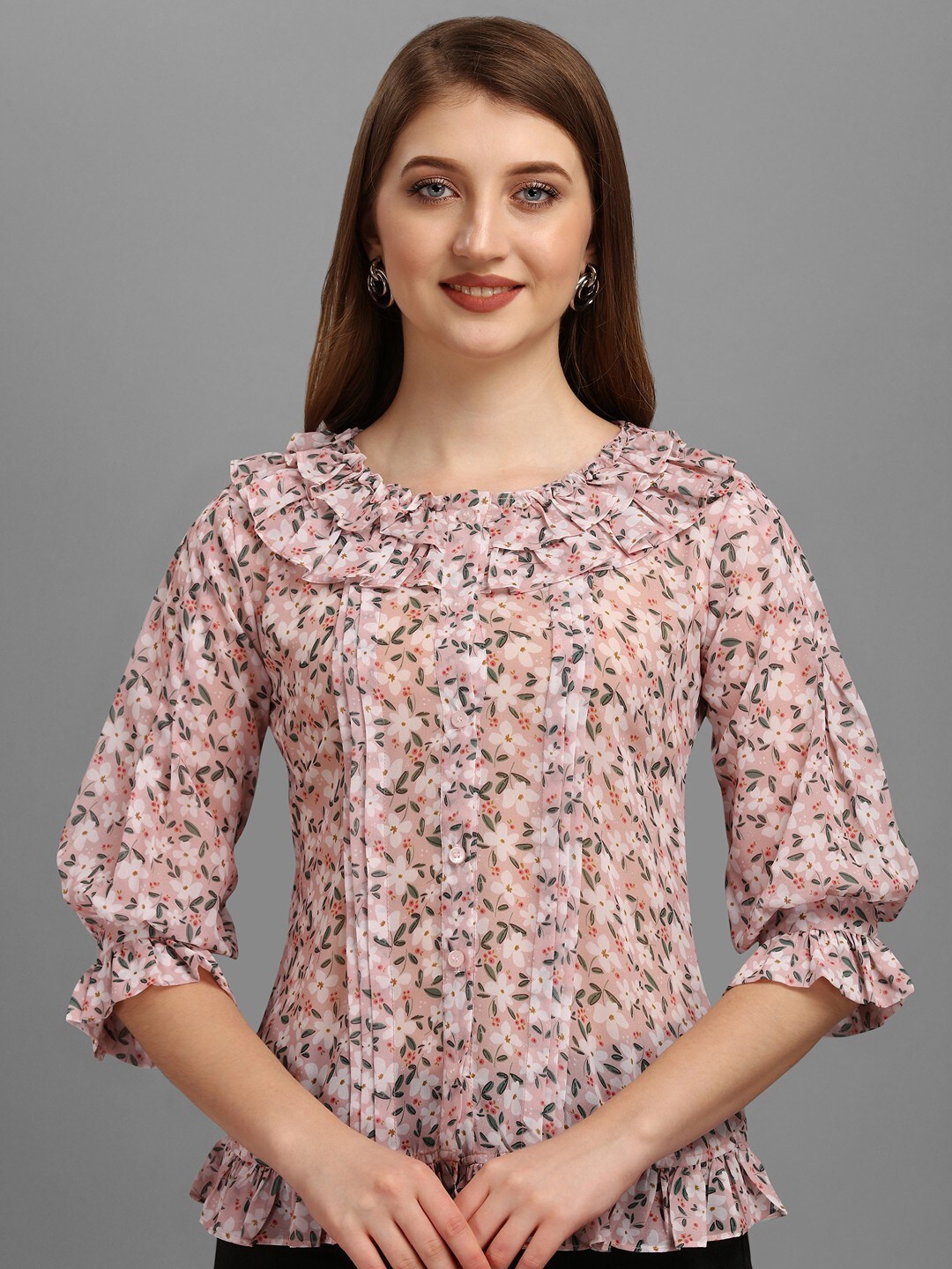 Masakali Co Women Pink Floral Print Georgette Top