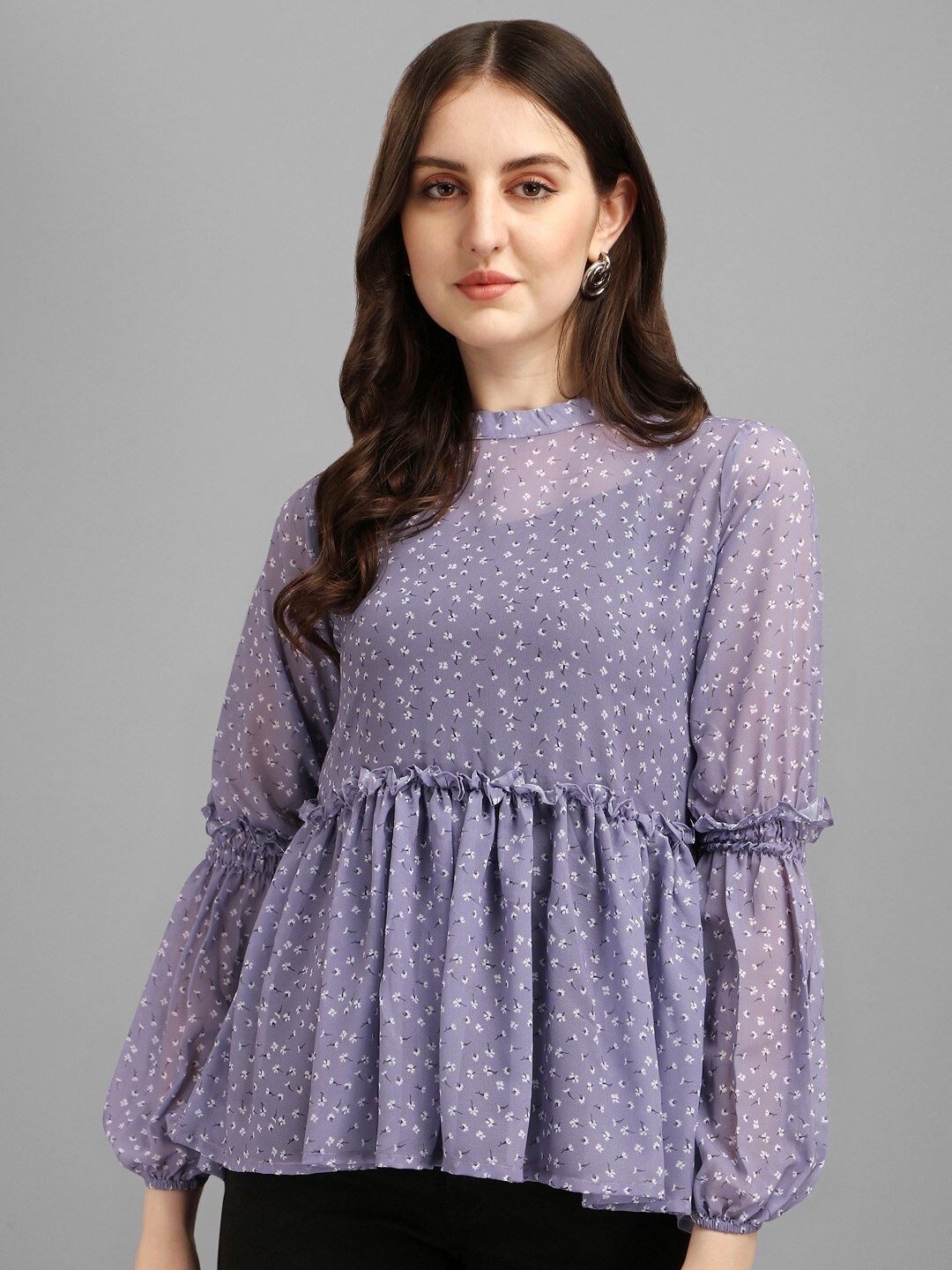

Masakali Co Women Purple Floral Bishop Sleeves Georgette Empire Top