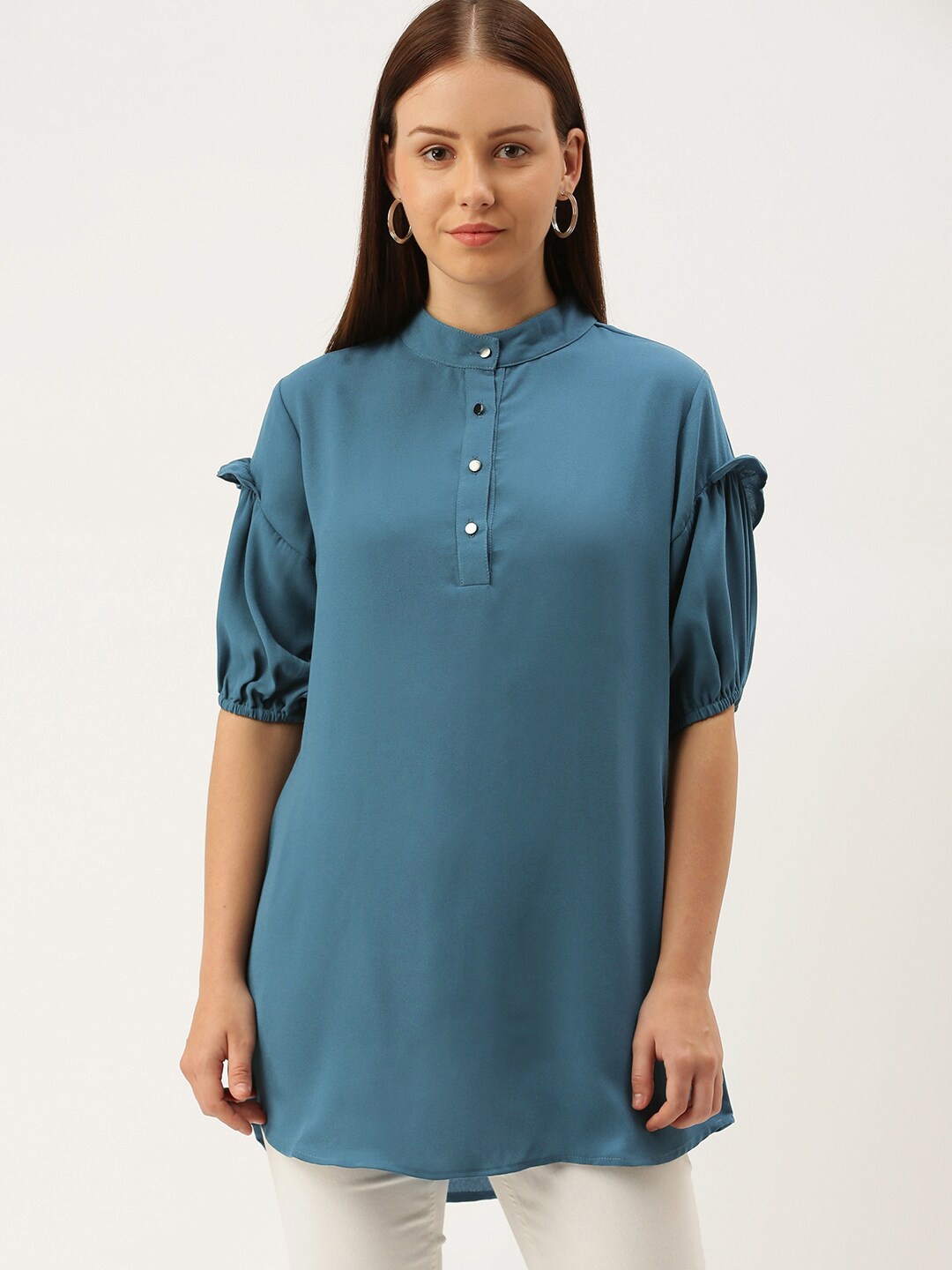 

SHECZZAR Women Blue Mandarin Collar Bishop Sleeves Georgette Shirt Style Longline Top