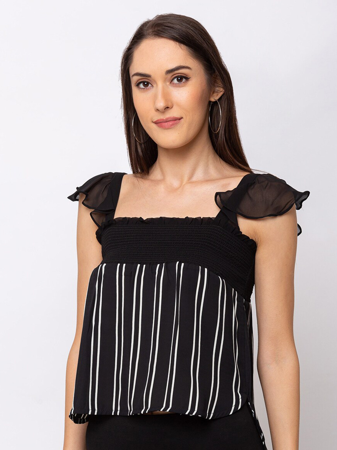 

SHECZZAR Women Black Striped Georgette Top