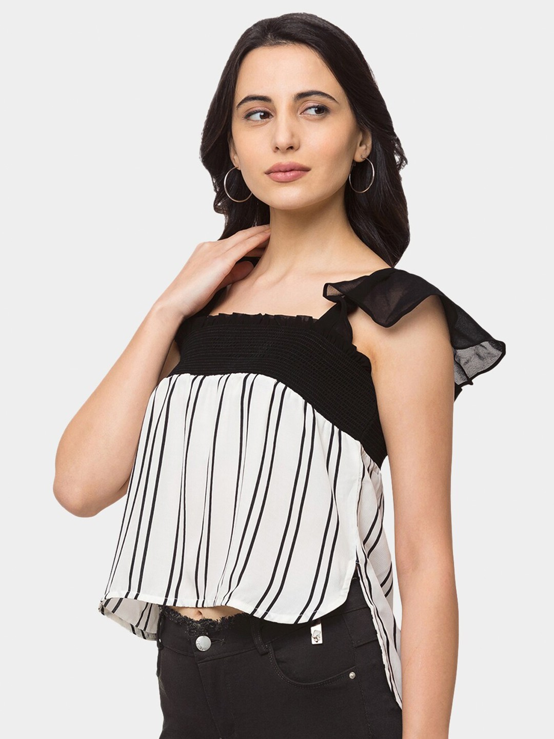 

SHECZZAR Women White & Black Striped Georgette Top