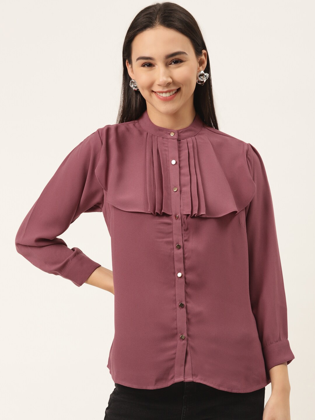 

SHECZZAR Pink Mandarin Collar Georgette Shirt Style Top