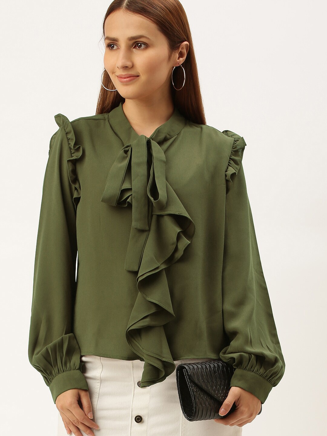 

SHECZZAR Olive Green Tie-Up Neck Georgette Shirt Style Top