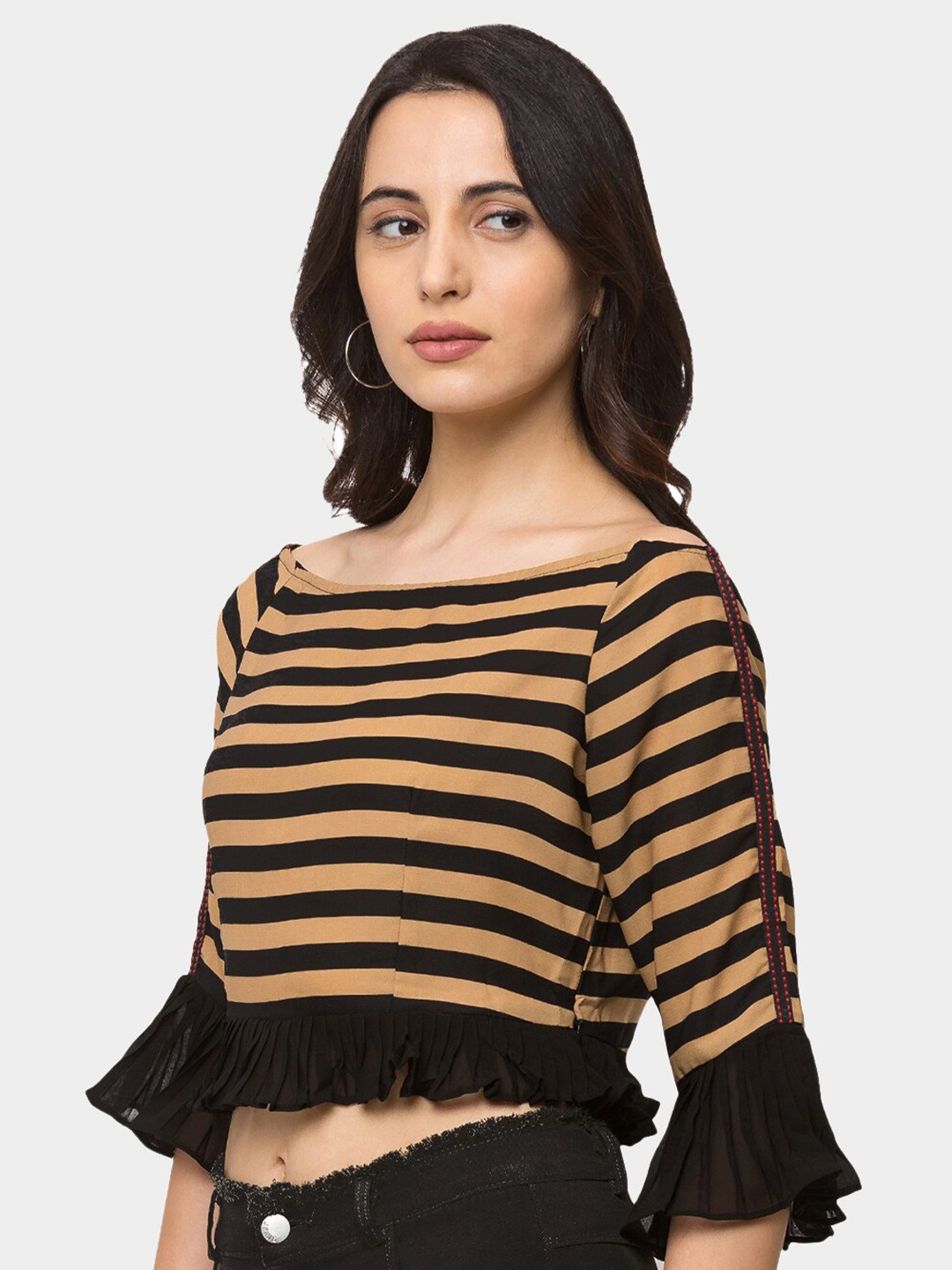 

SHECZZAR Mustard Yellow Striped Georgette Top