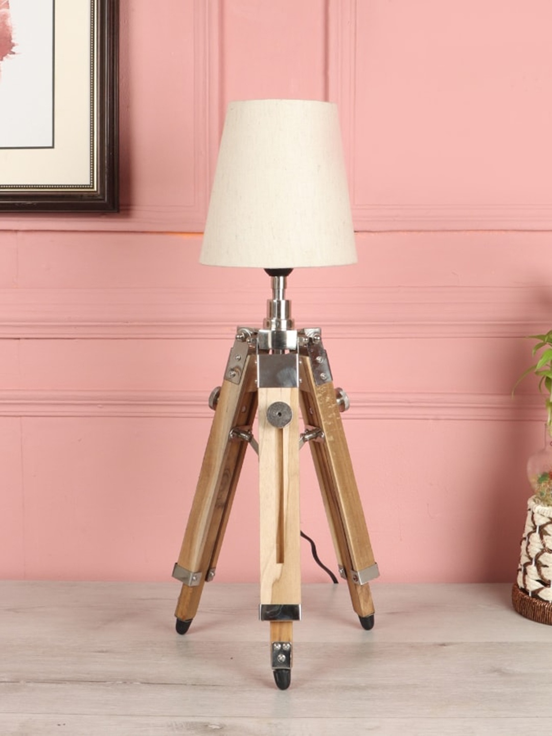 

BEVERLY STUDIO Beige Solid Wooden Tripod Table Lamp