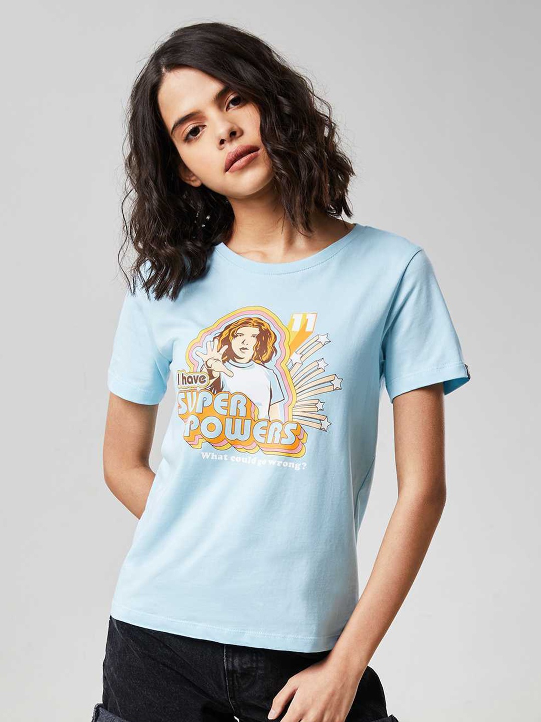 

The Souled Store Women Blue Printed Pure Cotton T-shirt
