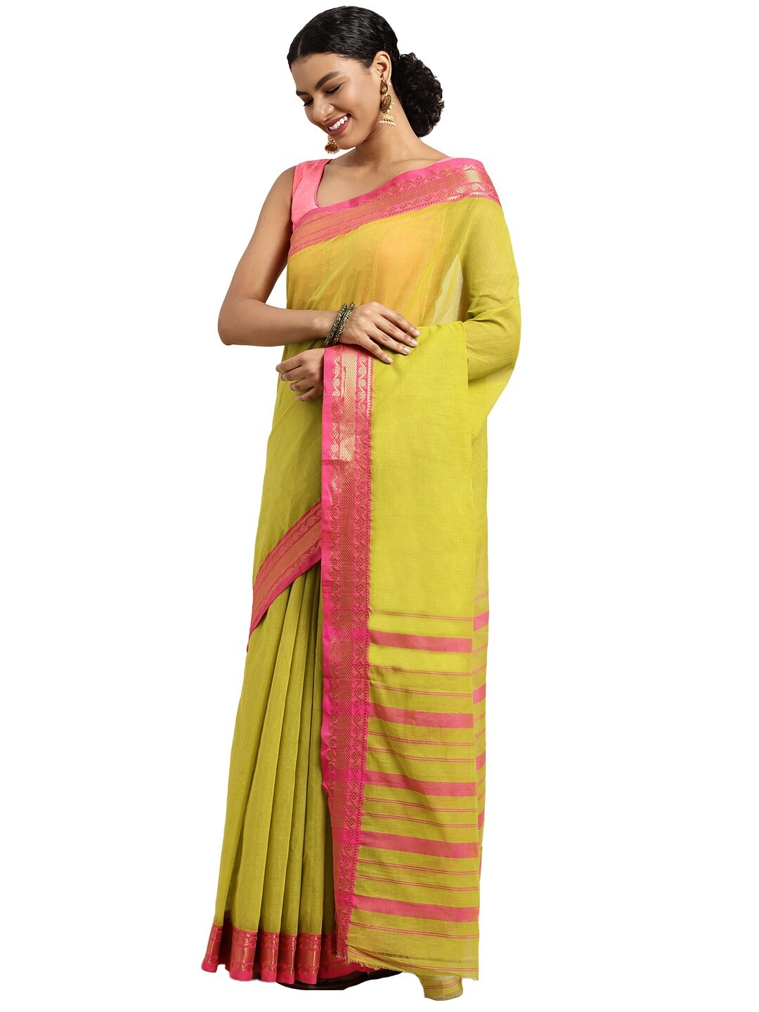 

Pavechas Green & Pink Zari Pure Cotton Saree