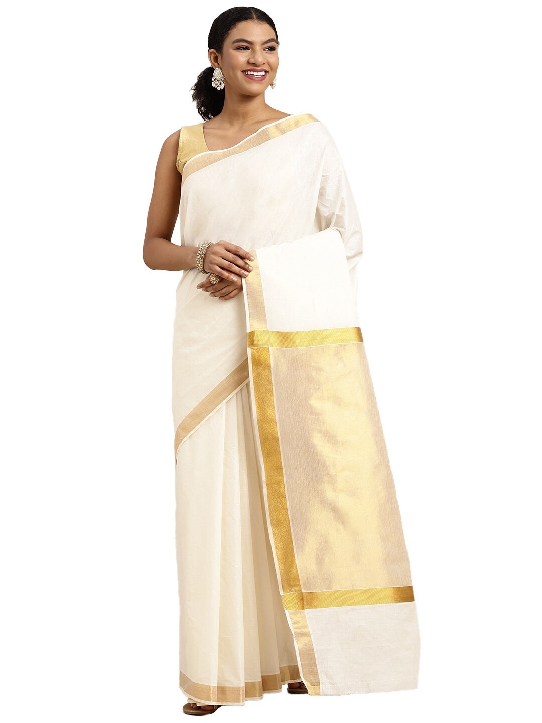 

Pavechas White & Gold-Toned Zari Pure Cotton Kasavu Saree