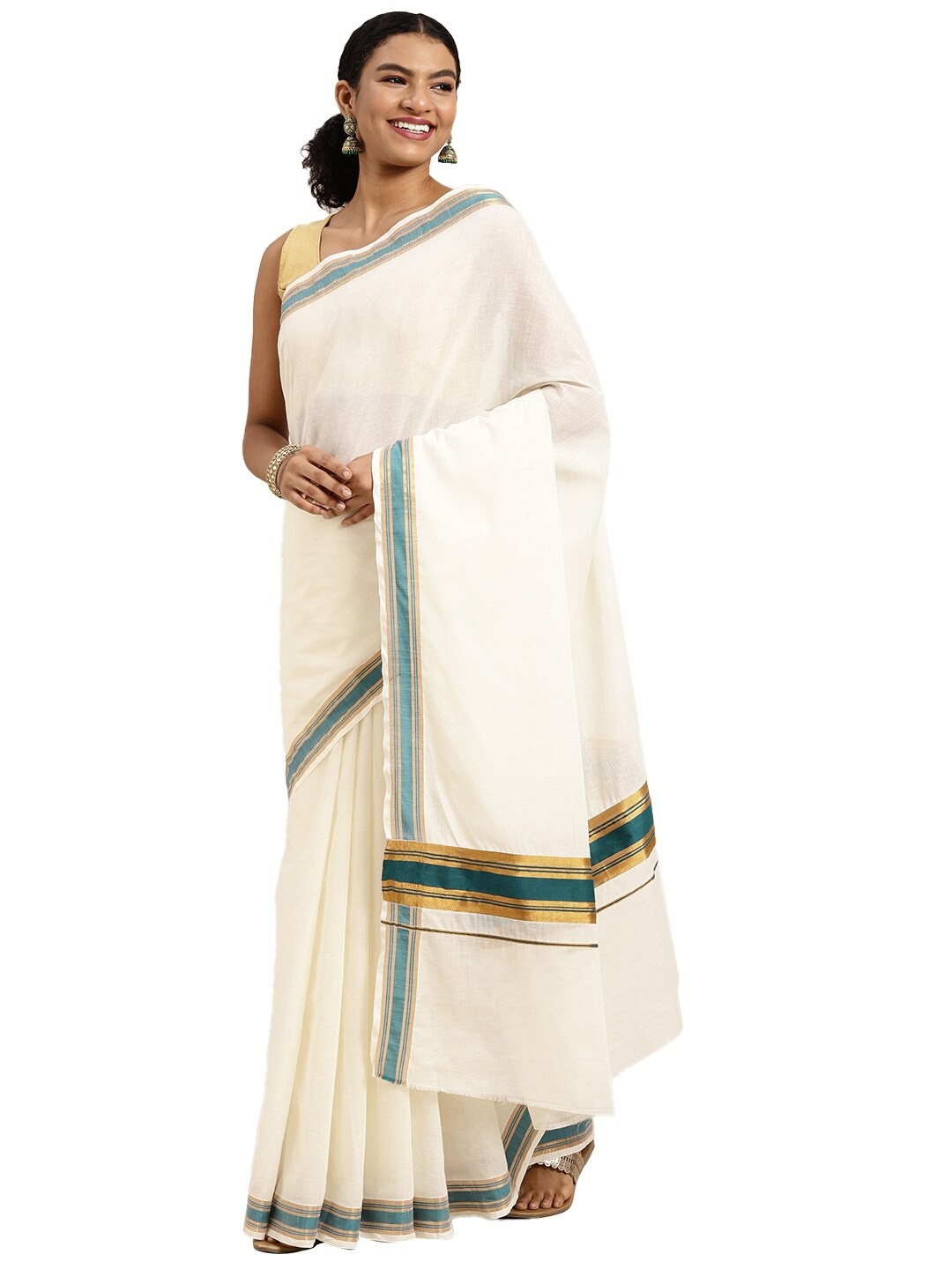 

Pavechas White & Teal Zari Pure Cotton Kasavu Saree