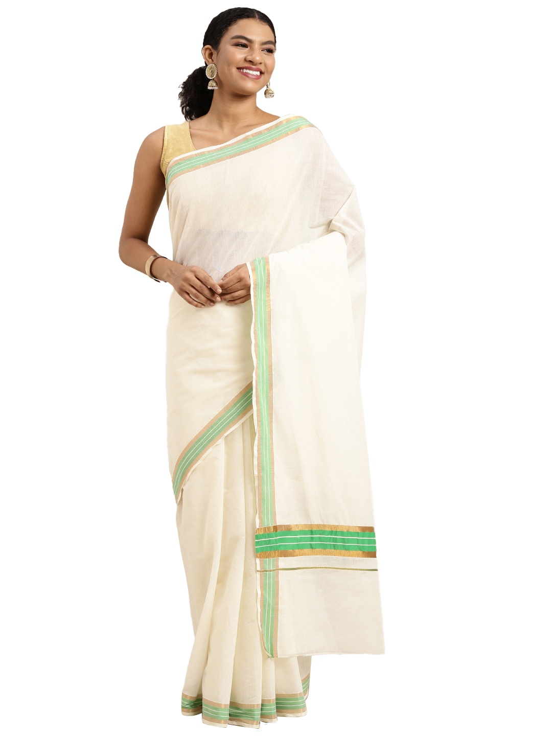 

Pavechas White & Green Zari Pure Cotton Kasavu Saree