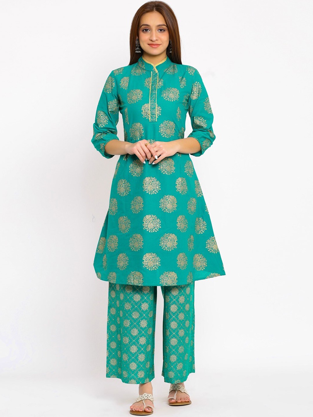 

NeshamaKurti Women Green Ethnic Motifs Printed Pure Cotton Kurta with Palazzos