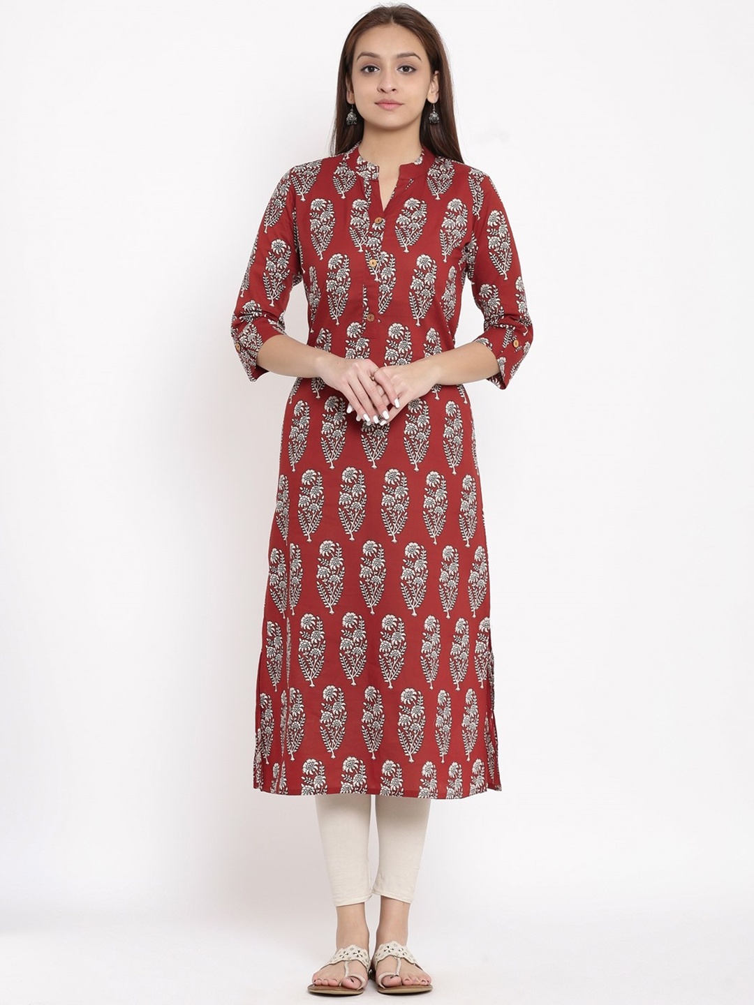 

NeshamaKurti Women Maroon Ethnic Motifs Printed Flared Sleeves Kurta