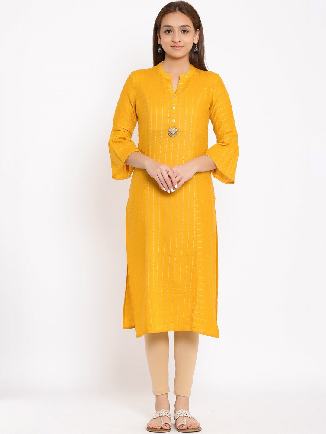 

NeshamaKurti Women Mustard Yellow Striped Flared Sleeves Thread Work Kurta