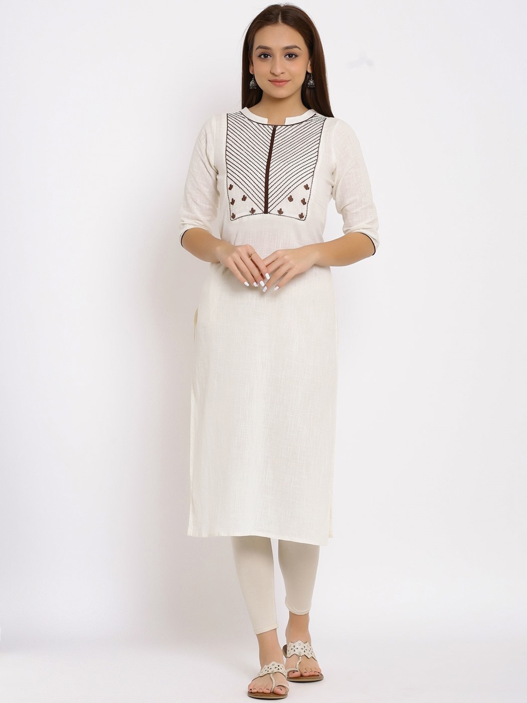 

NeshamaKurti Women Off White Ethnic Motifs Yoke Design Thread Work Kurta