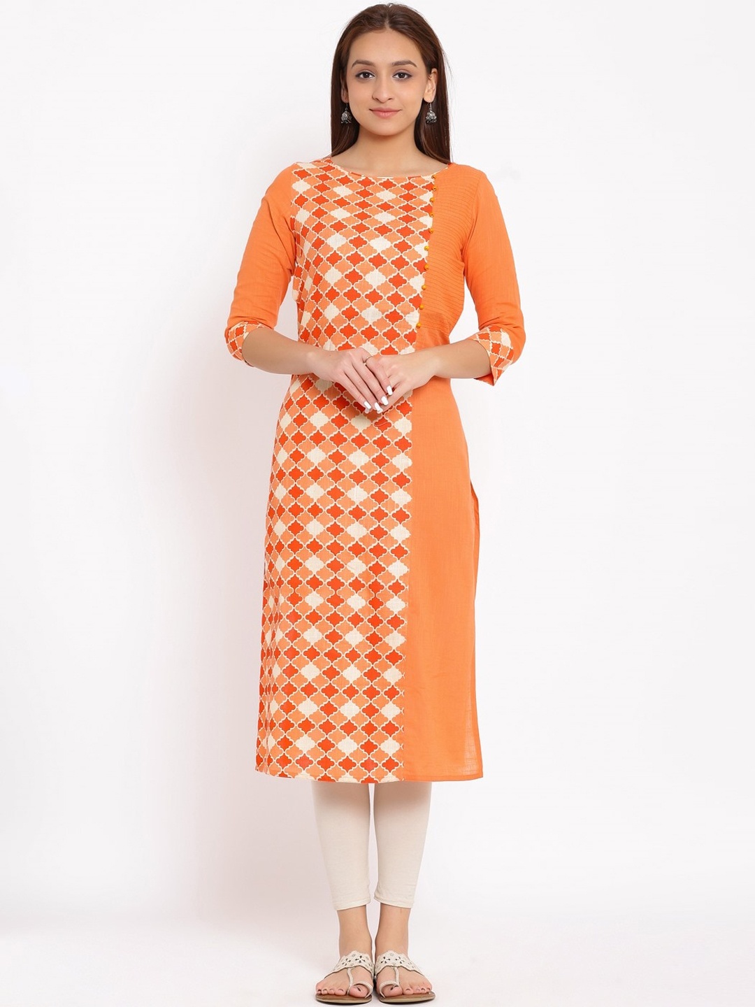 

NeshamaKurti Women Peach and White Geometric Printed Straight Kurta