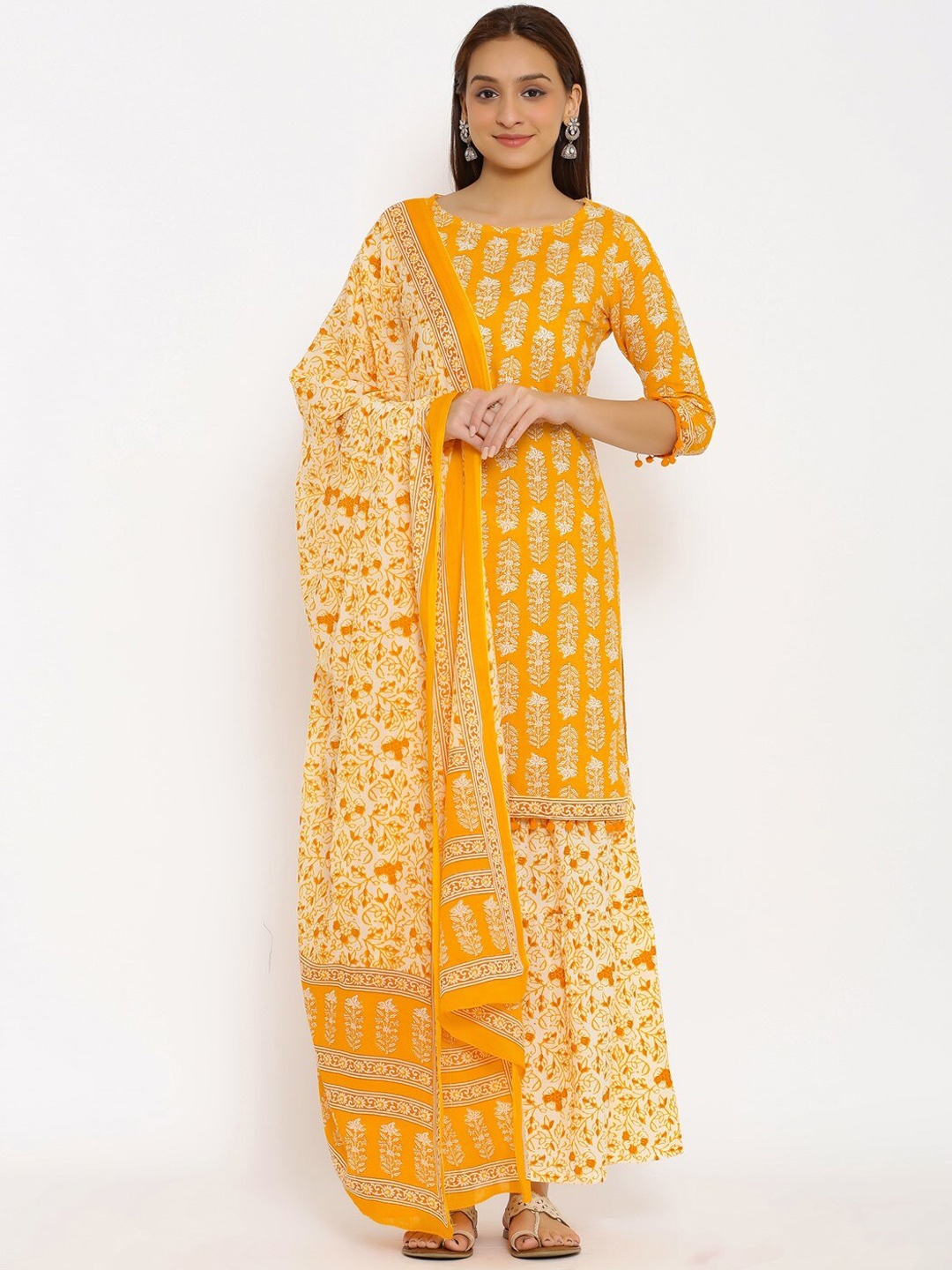 

NeshamaKurti Women Yellow Ethnic Motifs Printed Empire Pure Cotton Kurta with Palazzos & With Dupatta